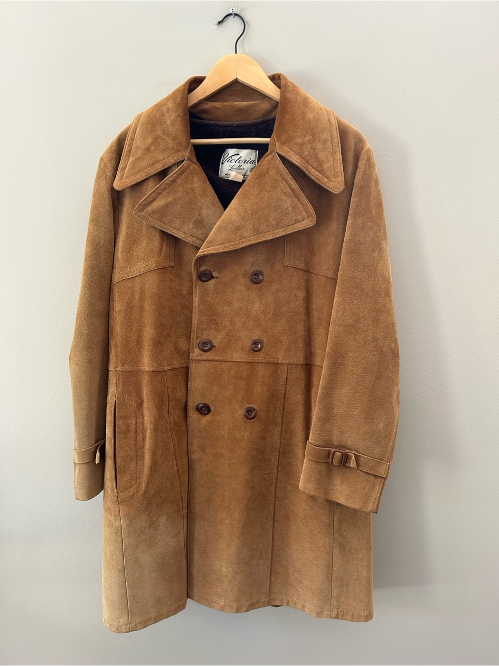 Vintage Rare 70’s Camel Tan Suede Double Breasted Western Long Trench Coat - Picture 4 of 12